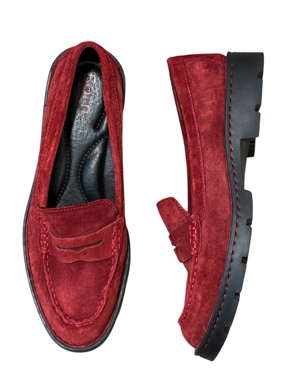 Born Carrera Suede Penny Loafers Lug Sole Platform Red Burgundy Slipon Shoes 7.5